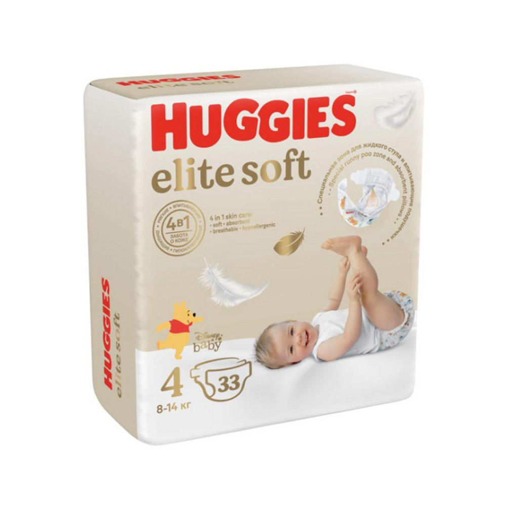 Подгузники huggies elite soft размер 4, 8-14 кг, 33 шт.