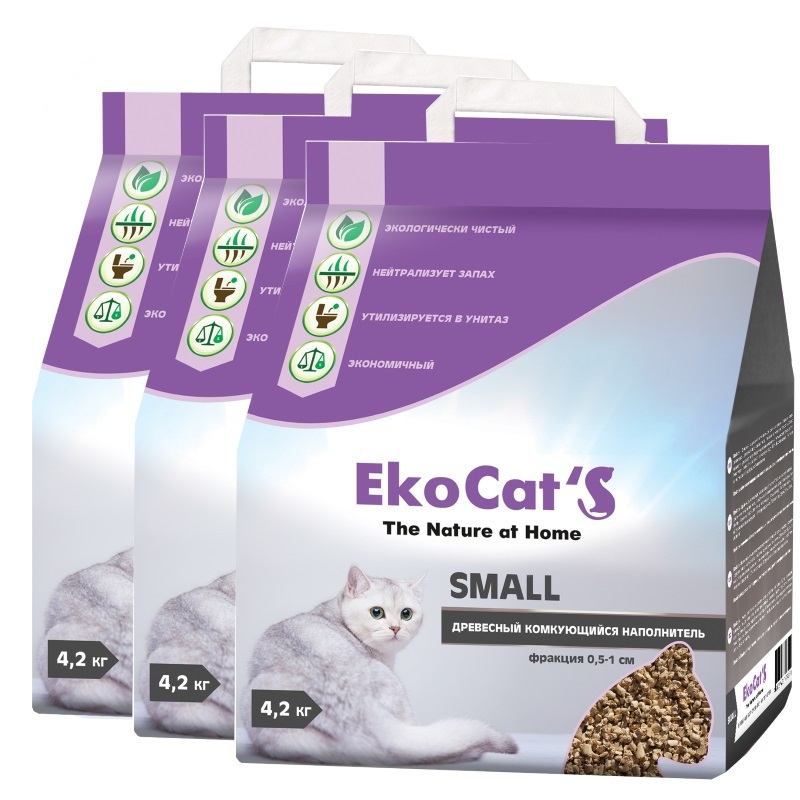 Наполнитель для кошачьего туалета Eko Cat's Small комкующийся, древесный, 3 шт по 10 л