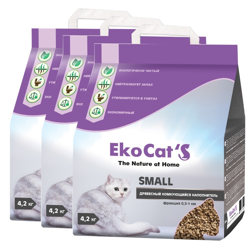 Комкующийся наполнитель Eko Cat's Small древесный, 3 шт по 10 л