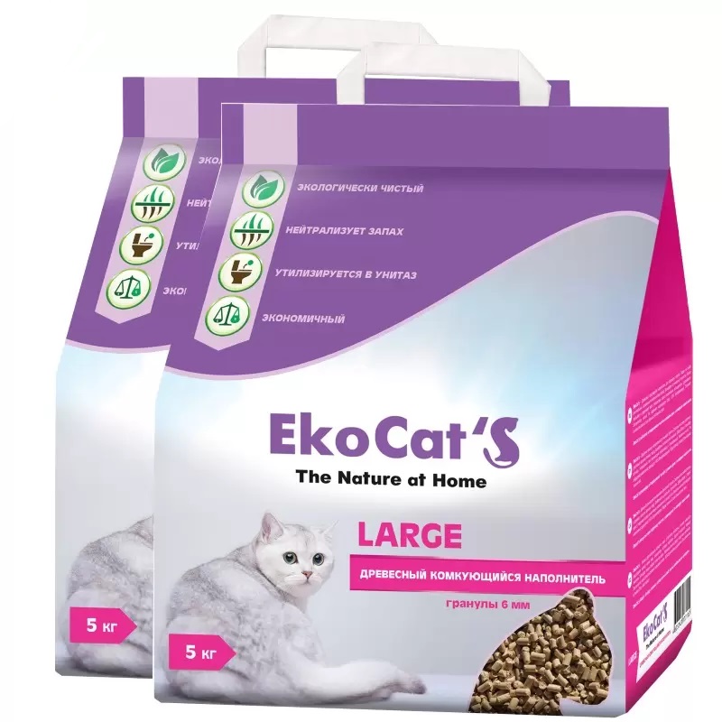 Комкующийся наполнитель Eko Cat's Large древесный, 5 кг, 2 шт