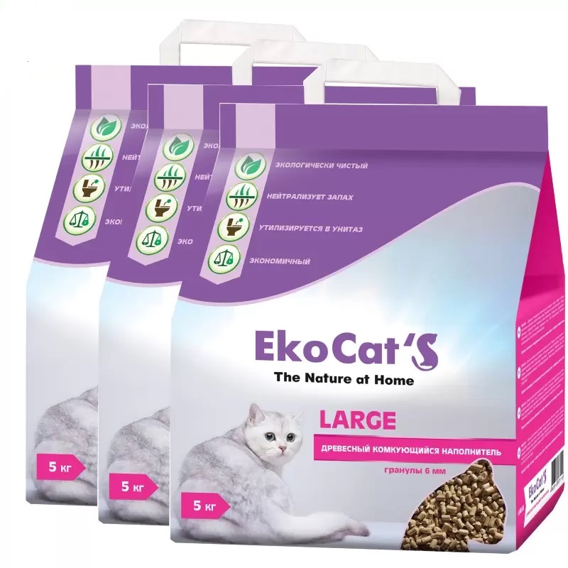 Комкующийся наполнитель Eko Cat's Large древесный, 5 кг, 3 шт