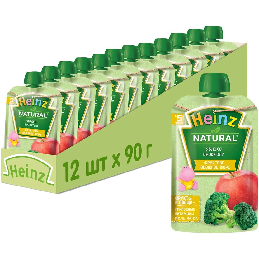 

Пюре Heinz яблоко/брокколи, с 5 месяцев, 90г 12 шт., Яблоко/брокколи пауч