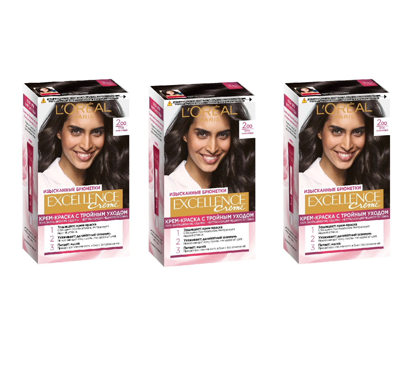 

Краска для волос L'Oreal Paris Эксэланс 200 Тёмно-коричневый 3шт, Эксэланс
