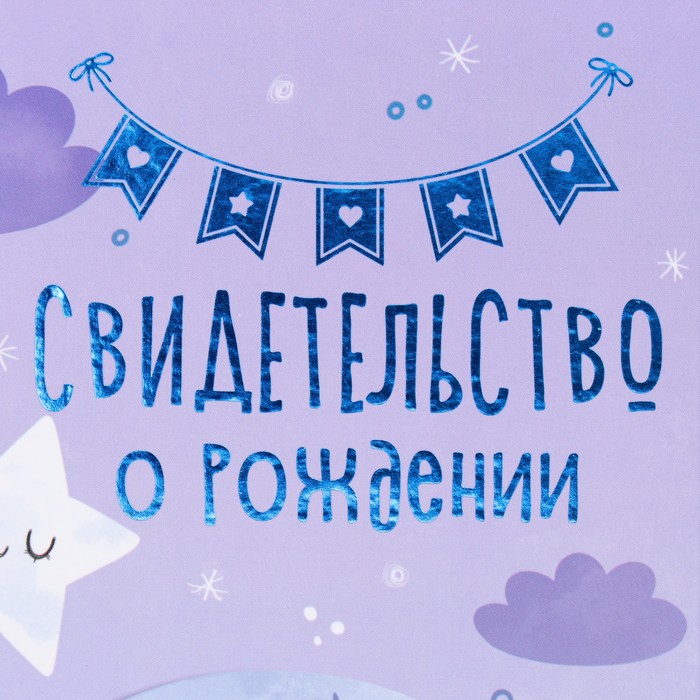 

Свидетельство о рождении Месяц тиснение, фиолетовый фон, А5, Фиолетовый;разноцветный