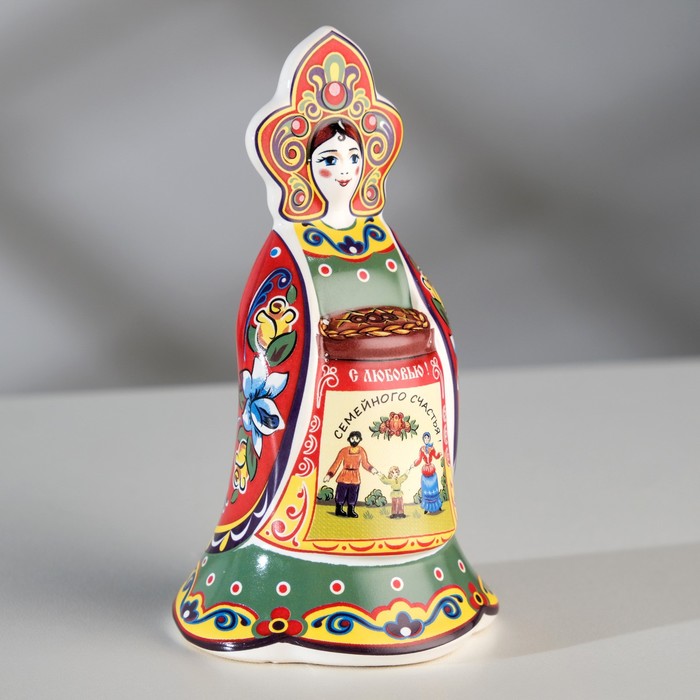 

Сувенир колокольчик Кукла с караваем, гжель, 11см, керамика, Синий