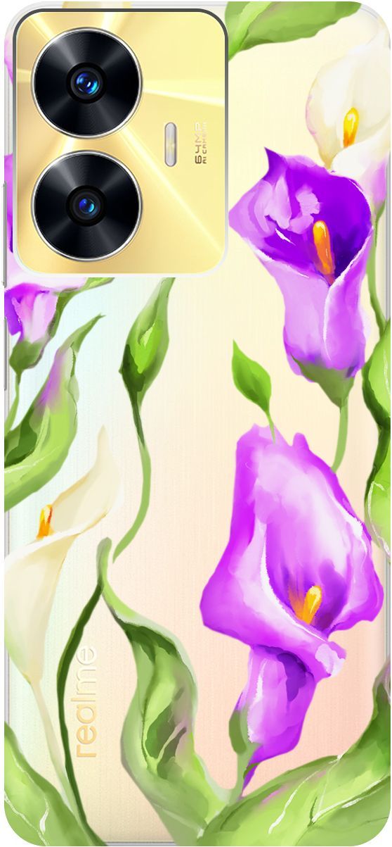 

Силиконовый чехол на Realme C55 с 3D принтом "Amazing Callas" прозрачный, Прозрачный;фиолетовый, 159498