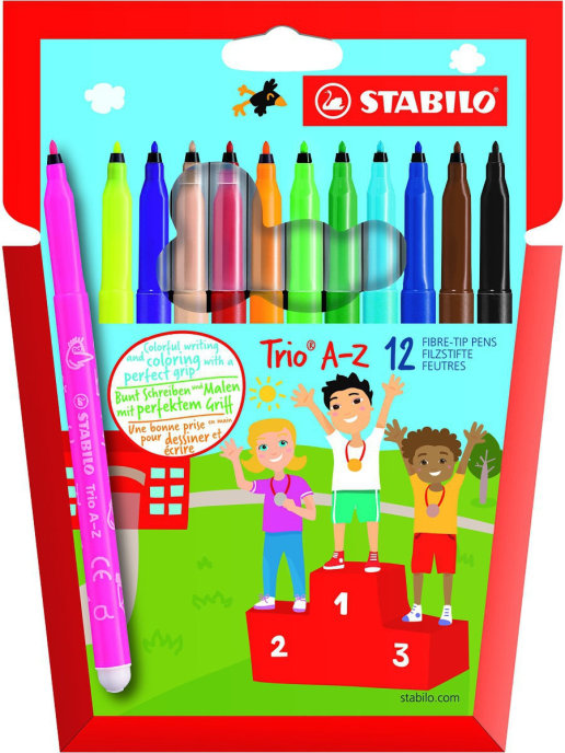 Фломастеры трехгранные смываемые STABILO Trio A - Z, 12 цветов