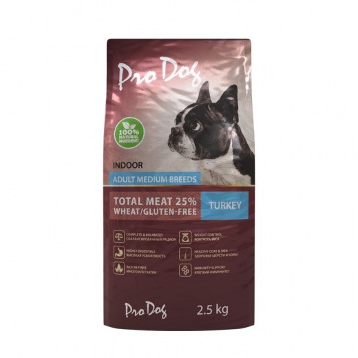 Сухой корм для собак PRO DOG для средних пород, поддержание веса, индейка, 2.5кг