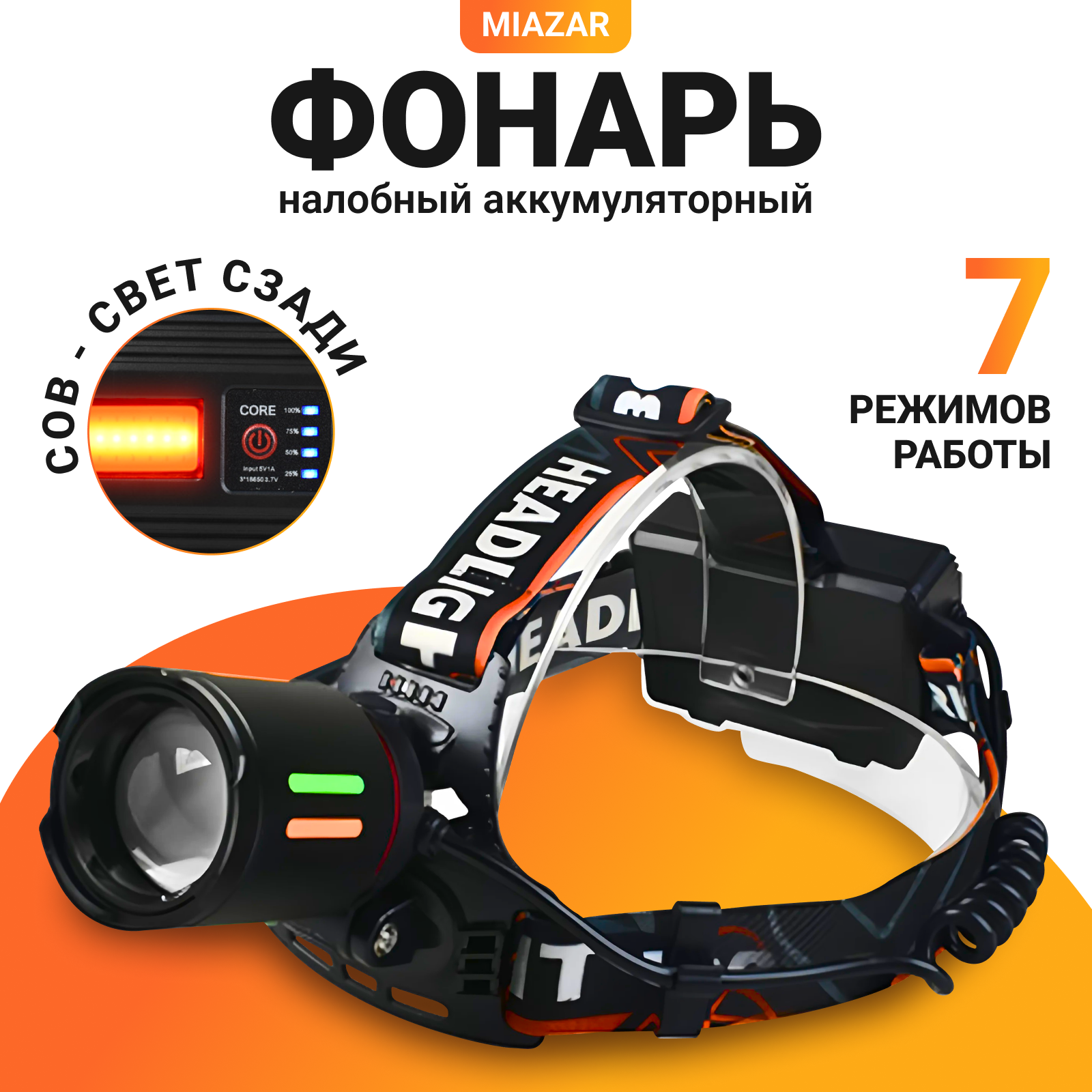 

Мощный налобный аккумуляторный фонарь MIAZAR с COB-светом сзади, 7 режимов работы, Черный