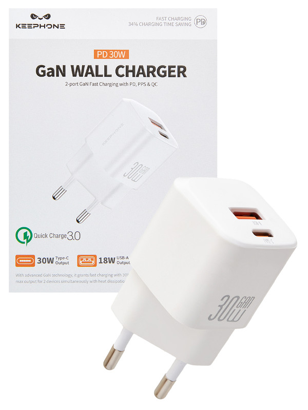 

Быстрая зарядка Keephone для Samsung USB Type-C адаптер 30W Белый, зарядка для Samsung USB Type-C 30W