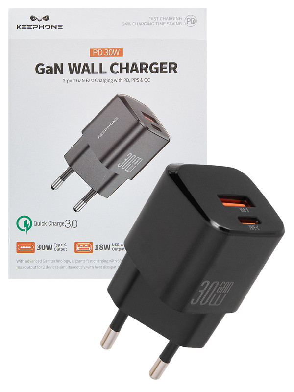 

Быстрая зарядка Keephone для Itel USB Type-C адаптер 30W Чёрный, зарядка для ITEL USB Type-C 30W