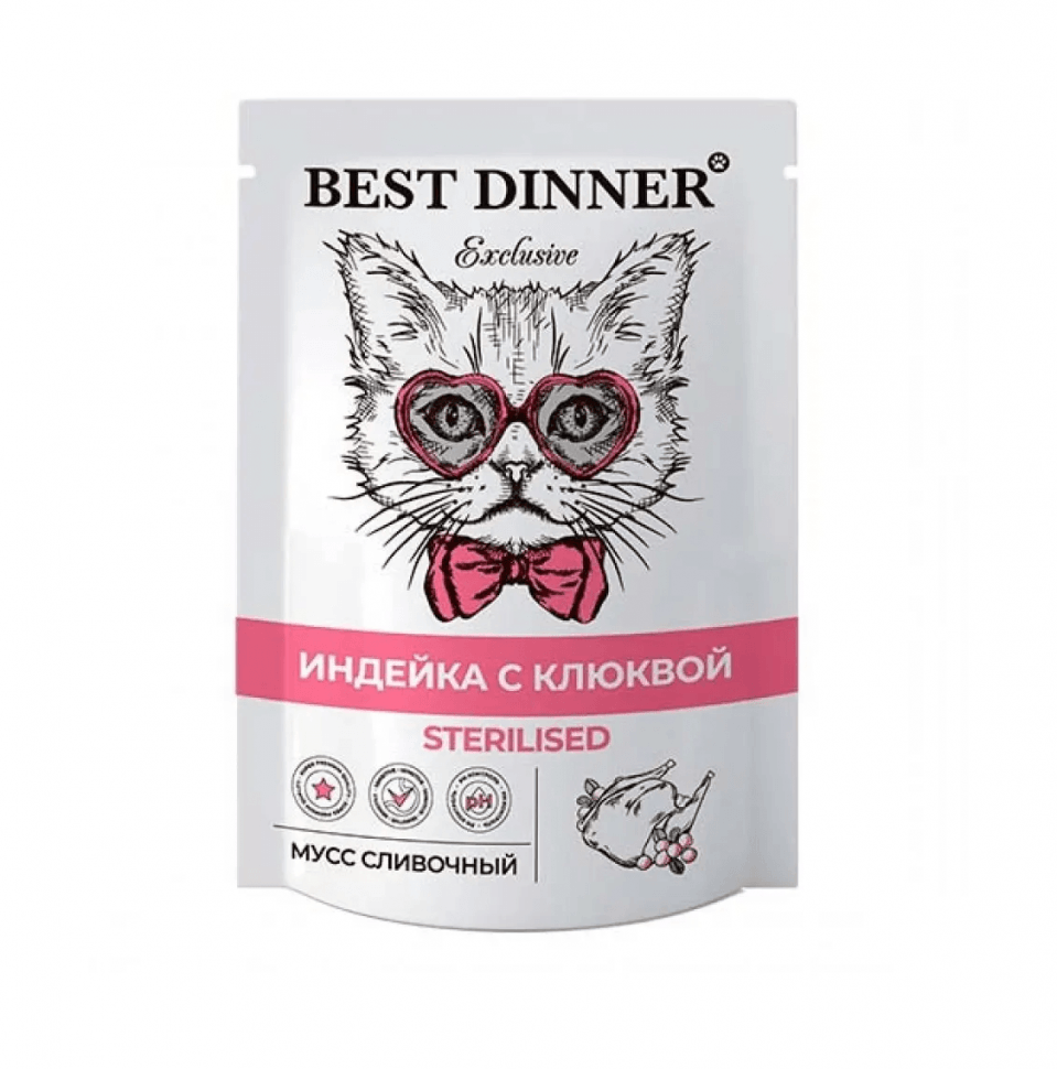 

Влажный корм для кошек Best Dinner Мусс сливочный, индейка с клюквой, 12 шт по 85 г, Exclusive