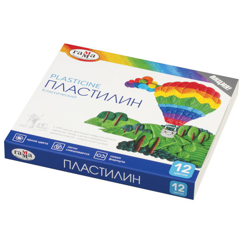 

Пластилин классический ГАММА "Классический", 12 цветов, 240 г, со стеком, картонная упако, Разноцветный