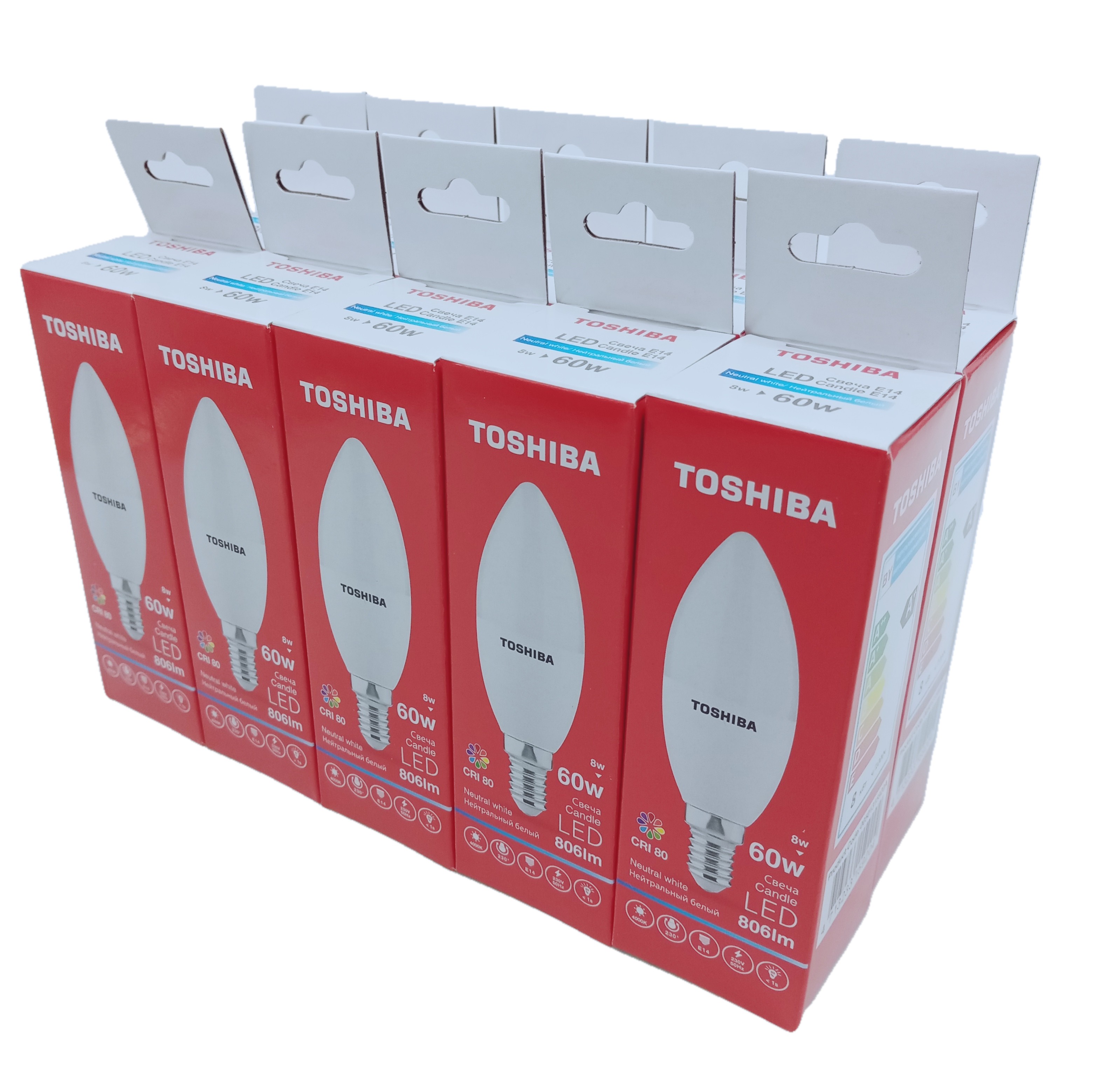 

Набор светодиодных ламп (10шт.) TOSHIBA LED C39 свеча 8W/806Лм 4000K Е14 драйвер IC, Candle C39 8W CRI 80 ND 4000K E14 230°