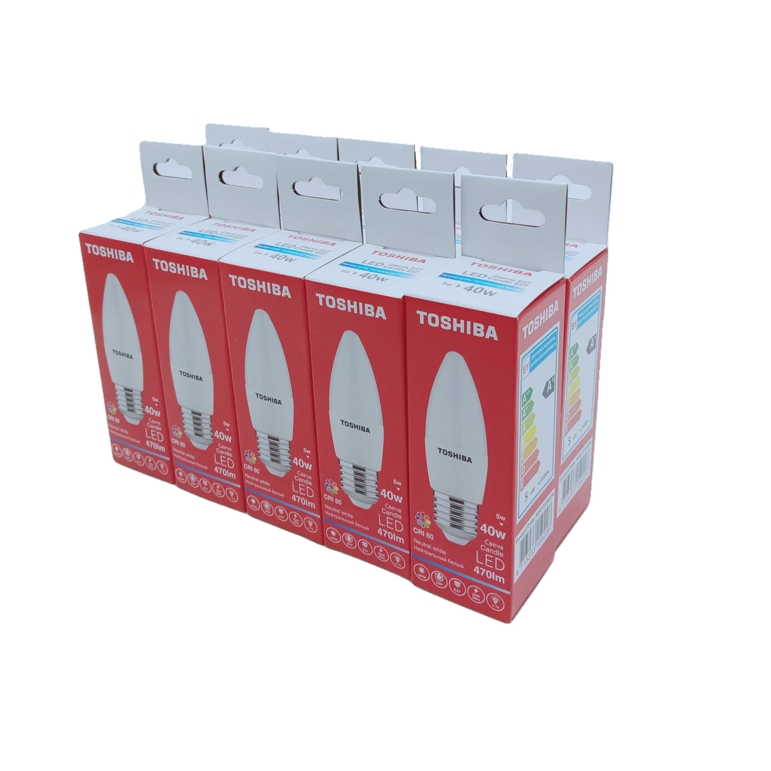 

Набор светодиодных ламп (10шт.) TOSHIBA LED C35 свеча 5W/470Лм 4000K Е27 драйвер IC, Candle C35 5W CRI 80 ND 4000K E27 260°