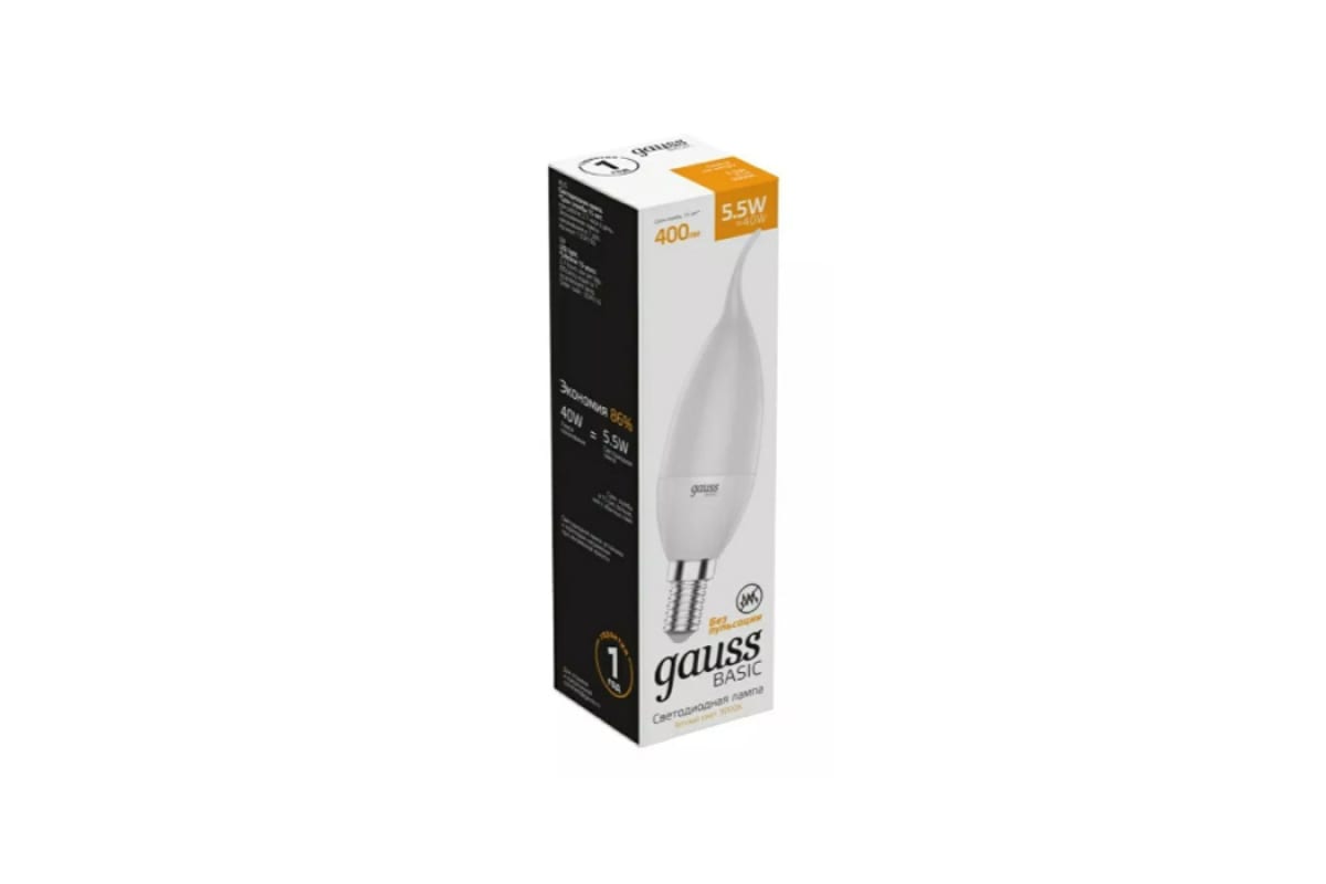 

Упаковка ламп LED GAUSS E14, свеча на ветру, 5.5Вт, 1034116, 10 шт.