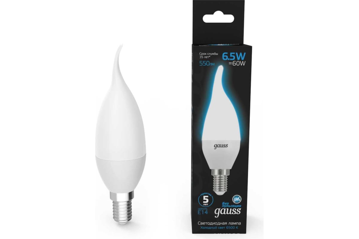 

Упаковка ламп LED GAUSS E14, свеча на ветру, 6.5Вт, 104101307, 10 шт.