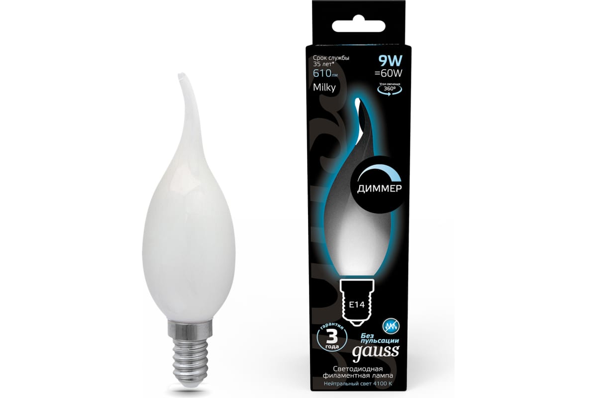 

Упаковка ламп LED GAUSS E14, свеча на ветру, 9Вт, 104201209, 10 шт.