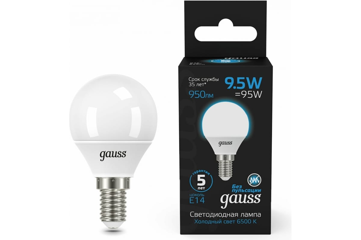 

Упаковка ламп LED GAUSS E14, шар, 9.5Вт, 105101310, 10 шт.