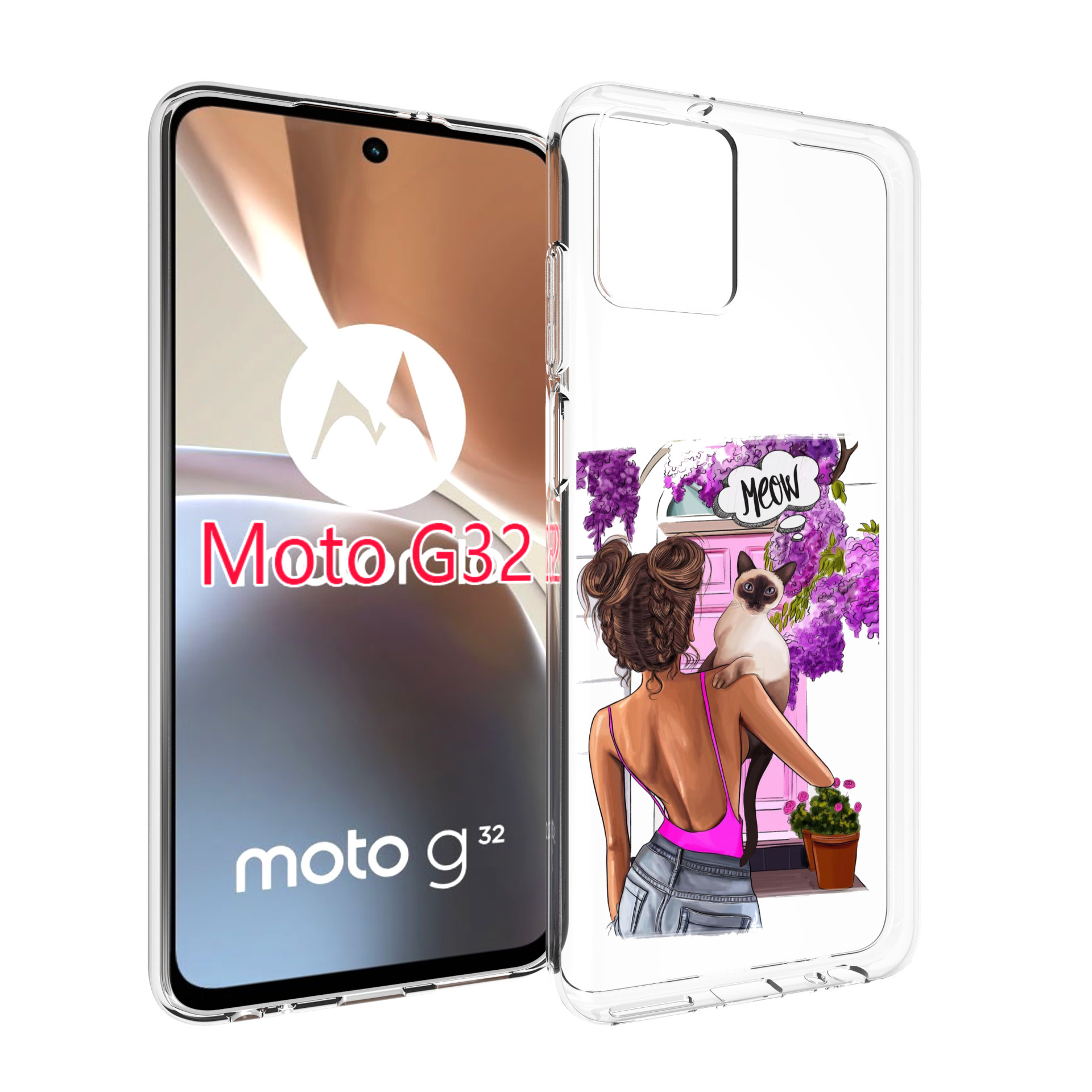 

Чехол MyPads Девушка-с-котиком женский для Motorola Moto G32, Прозрачный, Tocco