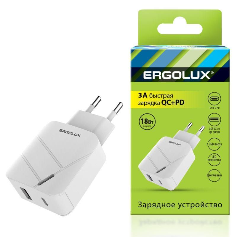 

Адаптер сетевой 18Вт 1USB+1Type C 100-220В 5-9В/3А QC коробка бел. Ergolux 15252