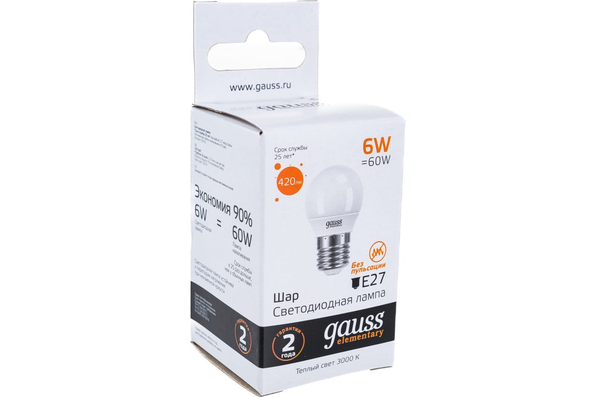 

Упаковка ламп LED GAUSS E27, шар, 6Вт, 10 шт. 53216, Упаковка ламп LED GAUSS E27, шар, 6Вт, 10 шт. [53216]