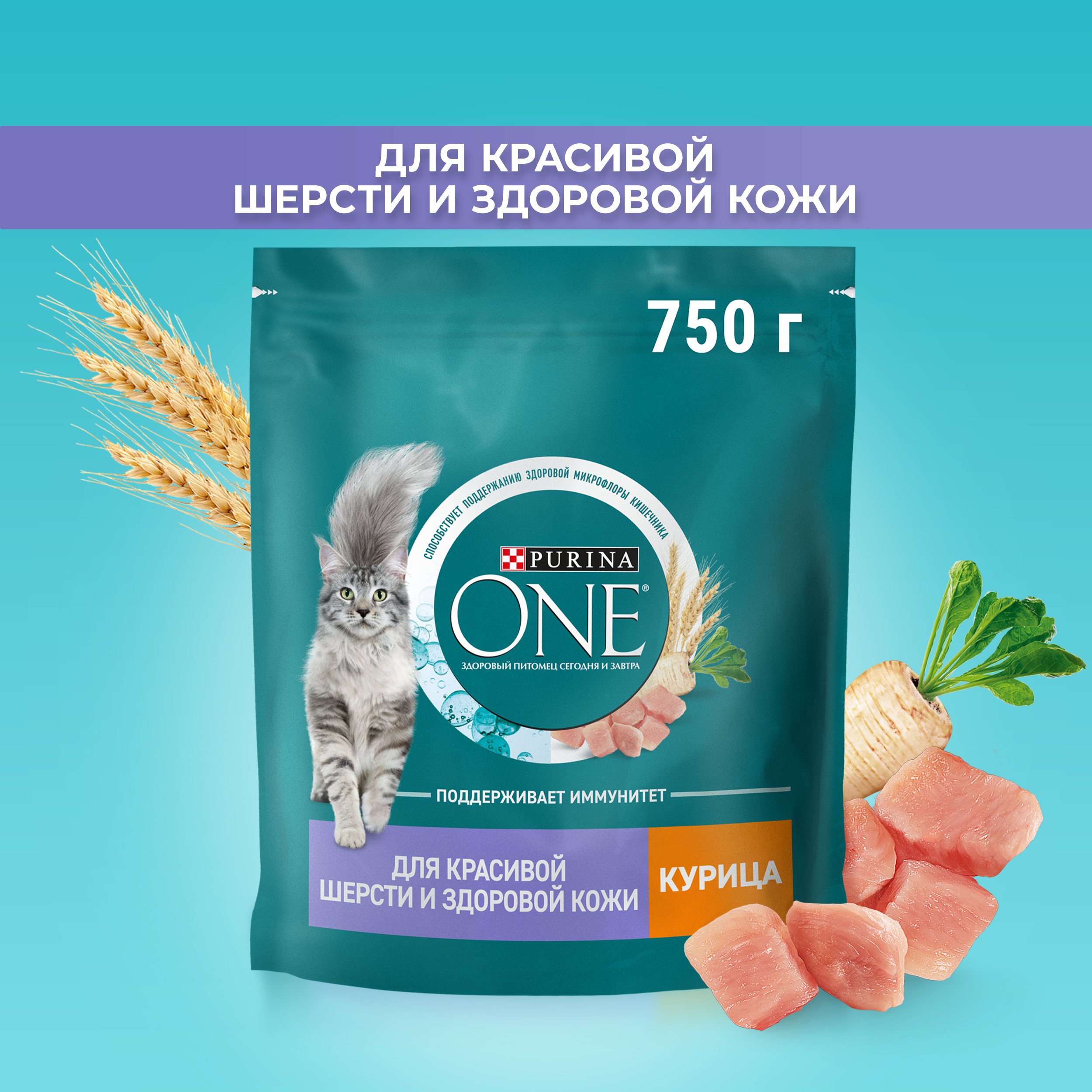 

Сухой корм для кошек Purina ONE для здоровья кожи и шерсти с курицей и злаками, 750 г, курица 0,75 кг