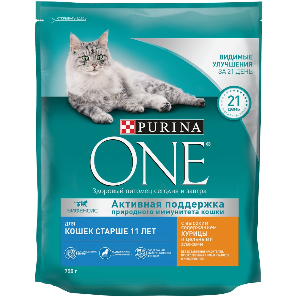 фото Сухой корм для кошек purina one старше 11 лет, курица и цельные злаки, 0,75кг