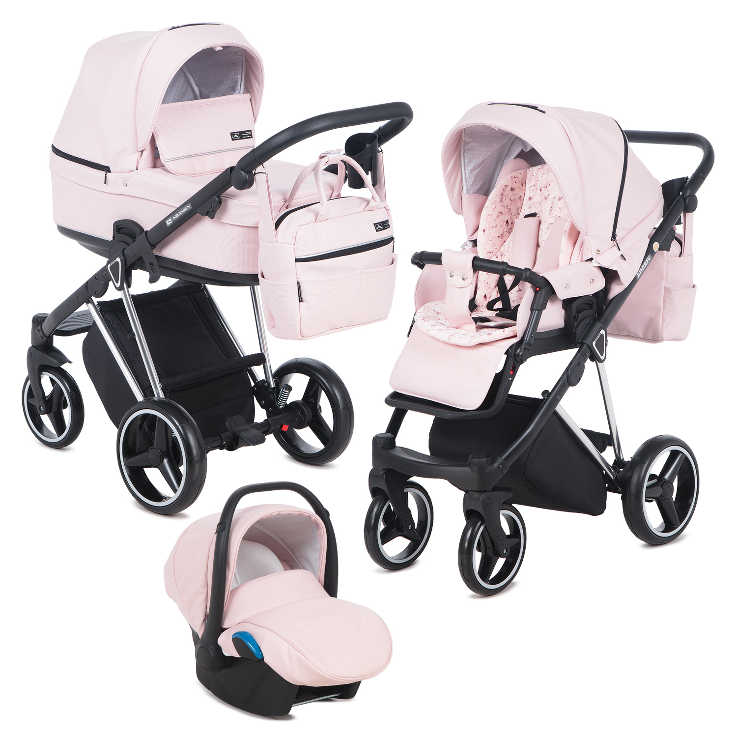

Коляска 3 в 1 Adamex Verona Special Edition, кожа розовая/розовый