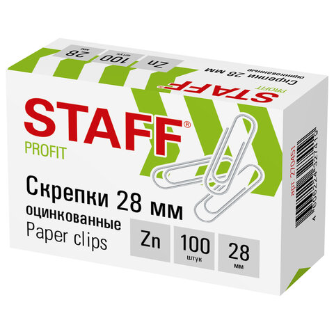 Скрепки STAFF, 28 мм, оцинкованные, 100 шт., в картонной коробке, 270451, (10шт.)