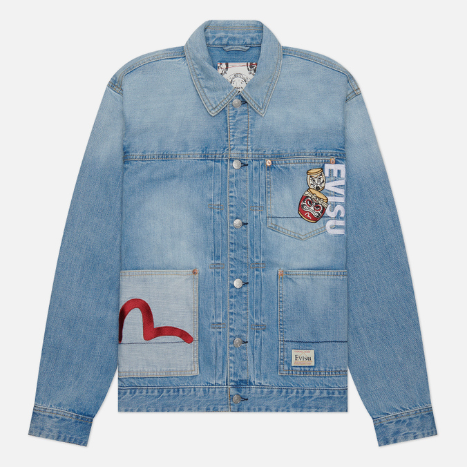 Мужская джинсовая куртка Evisu Heritage Wadaiko Fortune-Cat Embroidered Denim голубой