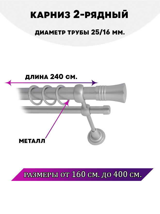 

Карниз металлический Lux Decor Валенсия 2-рядный гладкий D-2516 мм Сатин 24 м, Серый, Валенсия