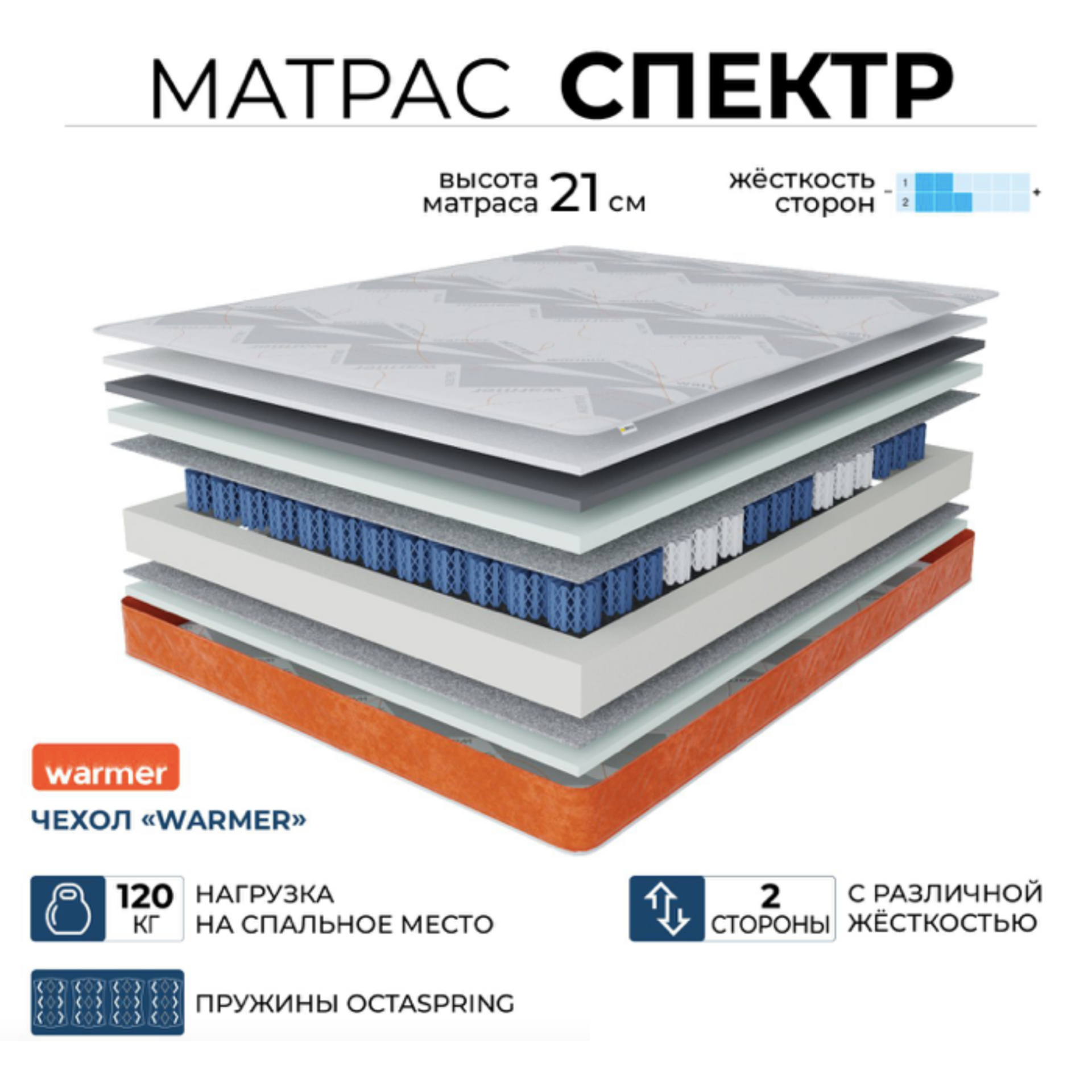 

Ортопедический матрас Beneli Спектр в чехле Warmer, двусторонний, анатомический, 90х190, Белый;оранжевый, Спектр