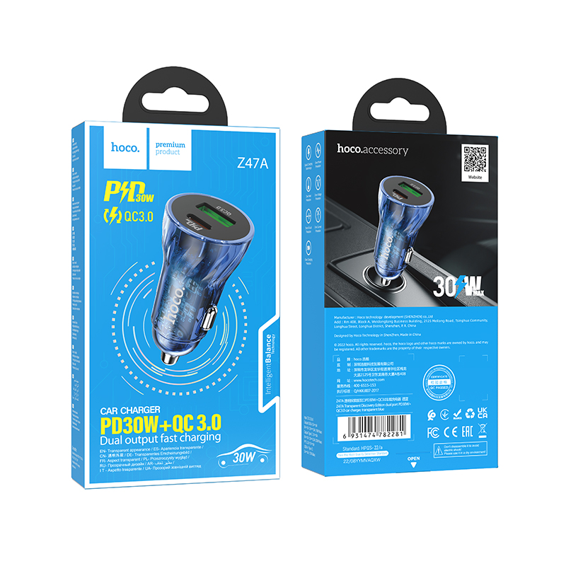 

Автомобильное зарядное устройство, HOCO Z47A, PD30W+QC 3.0, Blue, Z47A