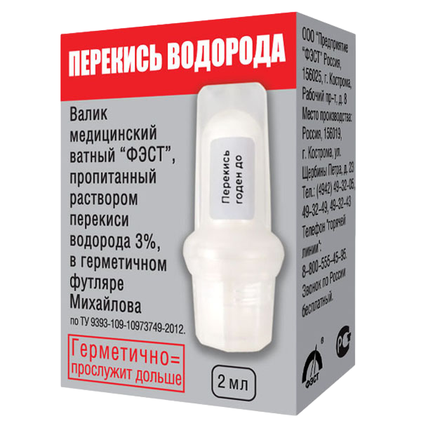 

Перекись водорода валик медицинский ватный ФЭСТ 3% в футляре Михайлова