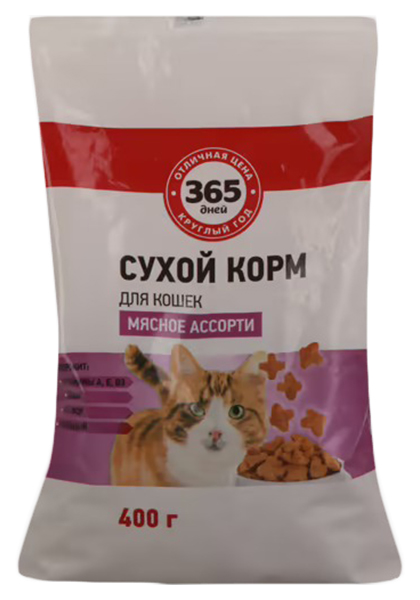 Сухой корм для кошек 365 дней Мясное ассорти, мясо, 0,4кг