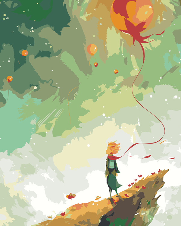 Картина по номерам Цветное Сказка Маленький принц, цветы и шарики