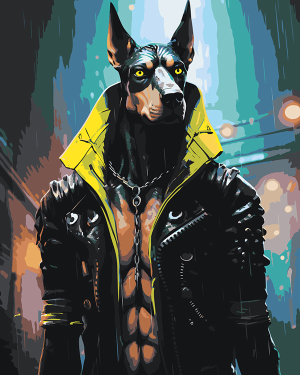 Картина по номерам Цветное Собака доберман в стиле киберпанк