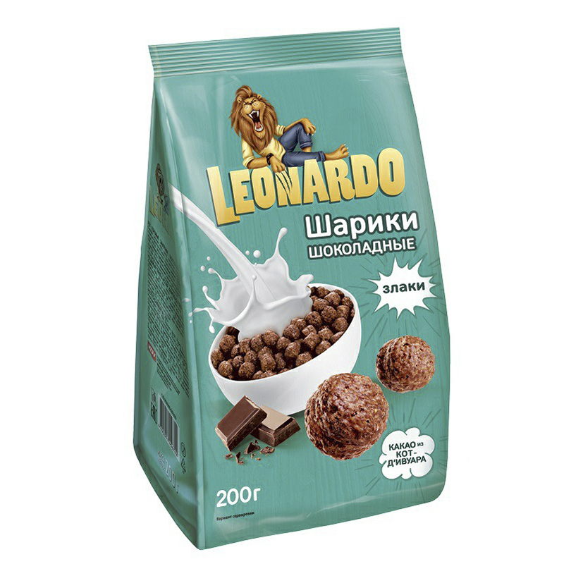 Сухой завтрак шарики Leonardo рисовые шоколадные готовые к употреблению 200 г