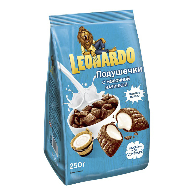 Сухой завтрак подушечки Leonardo пшеничные с молочной начинкой и какао 250 г
