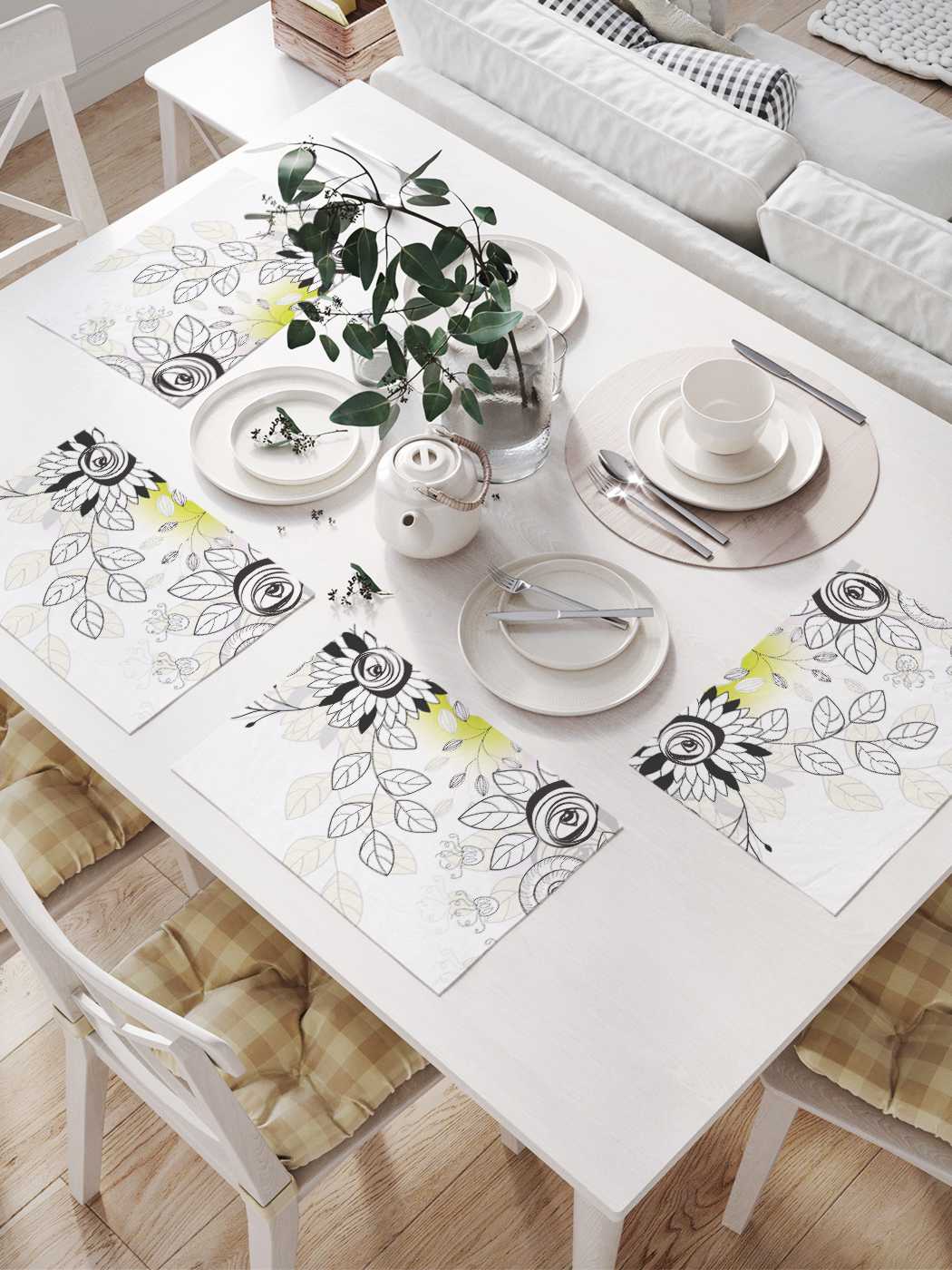

Комплект салфеток JoyArty "Зарисовки букетов" для сервировки стола 32х46 см, 4 шт., Белый