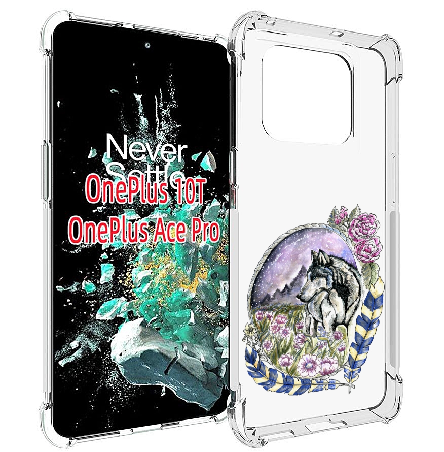 

Чехол MyPads нарисованный волк в цветах с перьями для OnePlus 10T, Прозрачный, Tocco