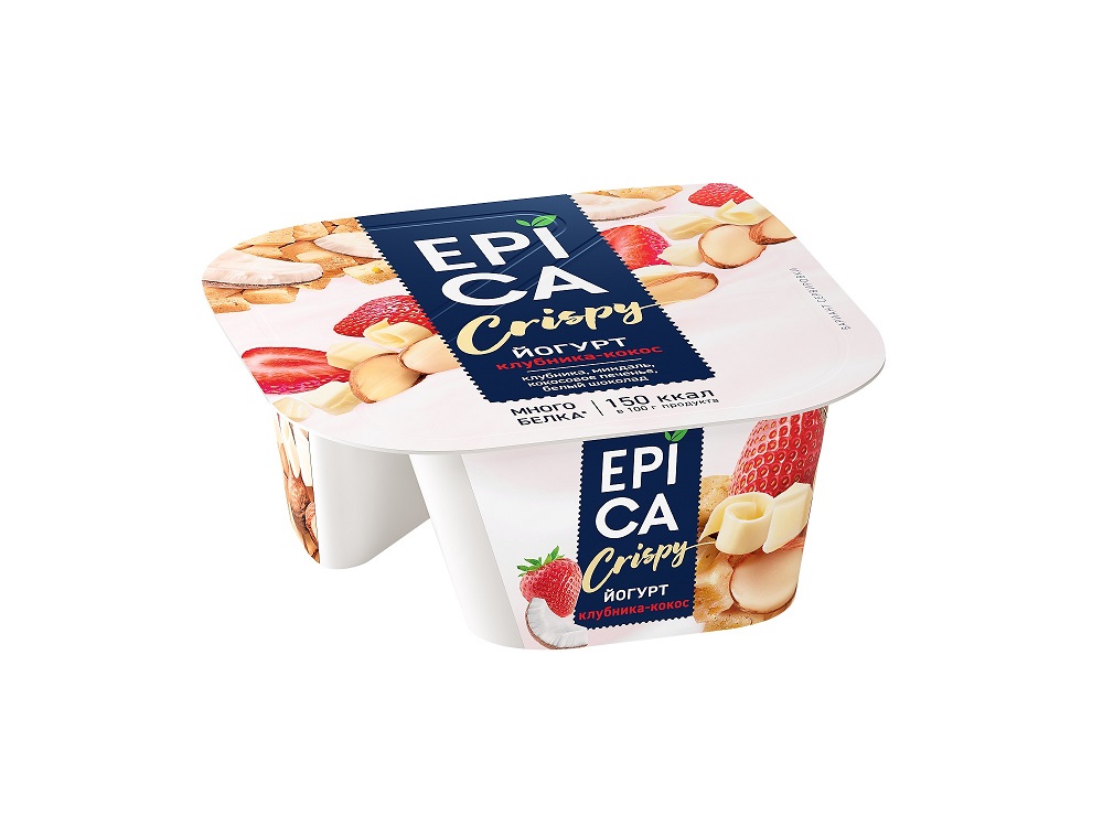 фото Йогурт epica crispy клубника-кокос-печенье-миндаль 7,3% бзмж 138 г