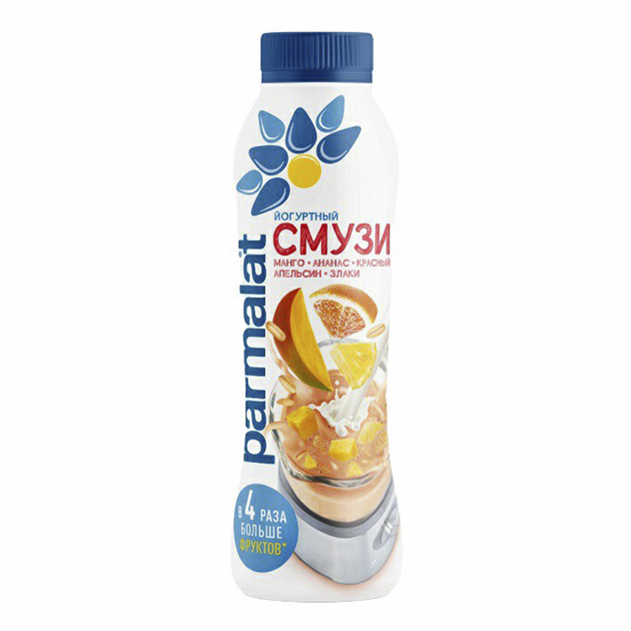 

Йогуртовый смузи Parmalat манго-ананас-красный апельсин-злаки 1,2% БЗМЖ 280 г