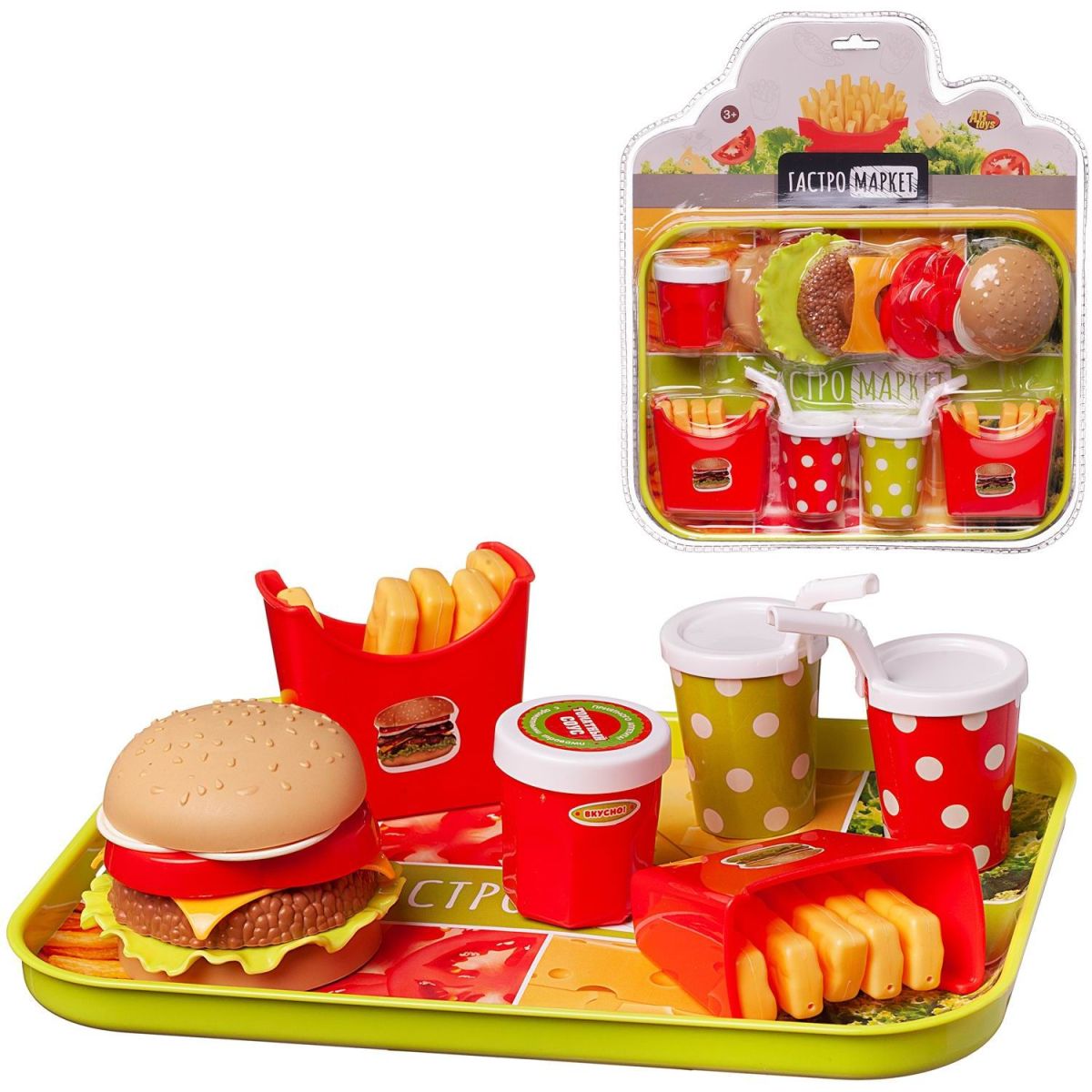 

Игровой набор Abtoys Набор продуктов Гастромаркет (бургер, 2 картошки, 2 напитка) на подно