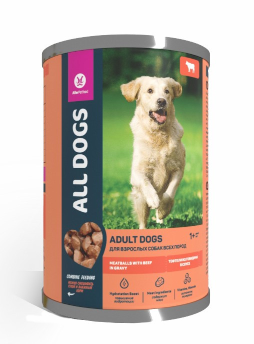 Влажный корм для взрослых собак ALL DOGS тефтельки с говядиной в соусе, 12 шт по 415 г