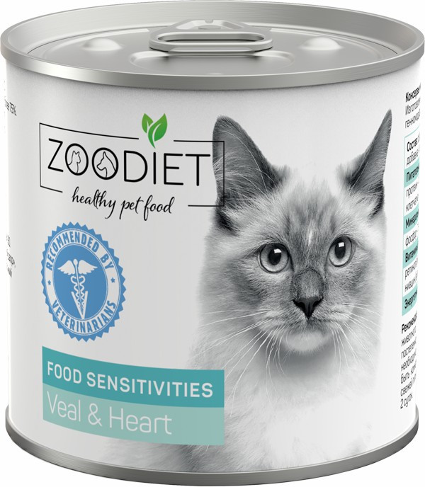Консервы для кошек Zoodiet, телятина и сердце, для пищеварения, 12шт по 240г