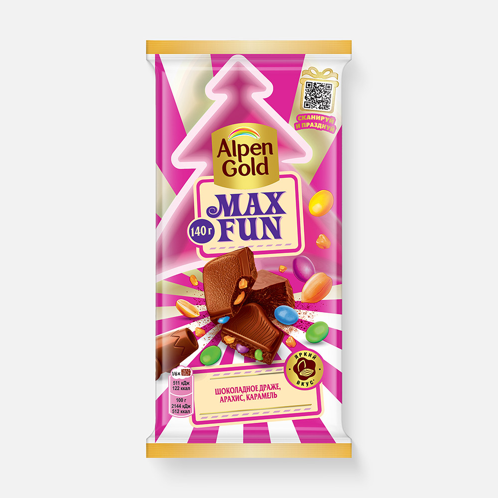 

Шоколад Alpen Gold Max Fun молочный, с арахисом, шоколадным драже и карамелью, 140 г