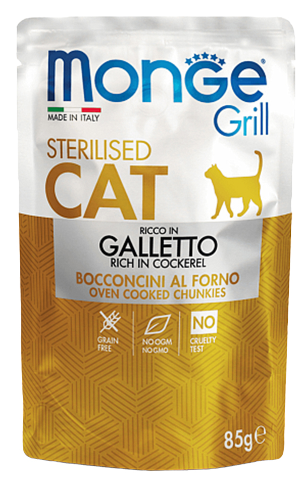 

Влажный корм для кошек Monge Cat Grill Pouch итальянская курица, для стерилизованных, 85 г, Grill Sterilised