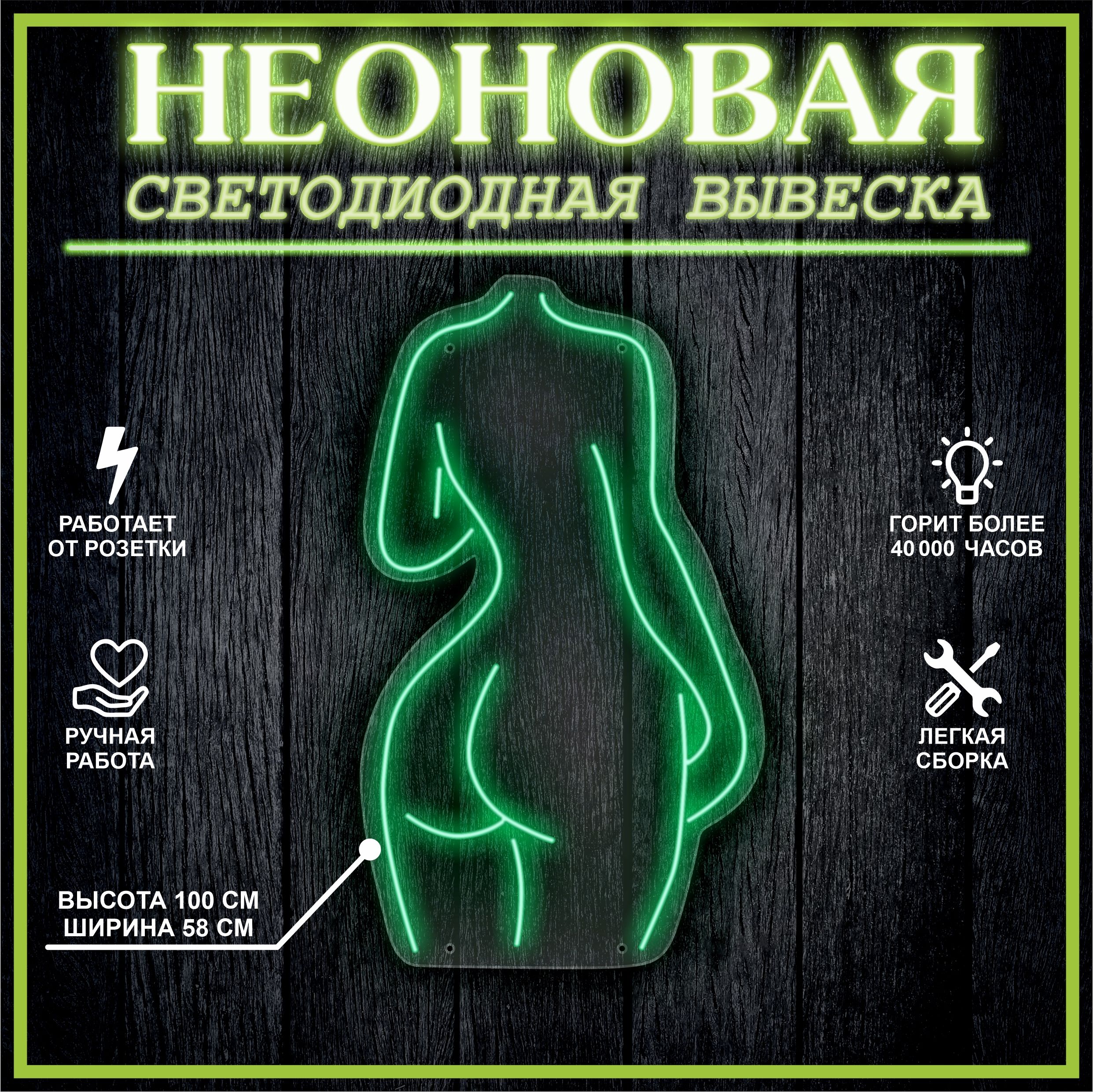 

Неоновая вывеска ДЕВУШКА 100х58см,зеленый, 21811